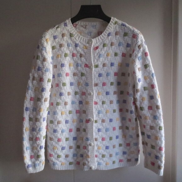 Nordstrom Cotton Ramie White Pastel Squares Geometric Intarsia Knit Cardigan - Picture 3 of 7
